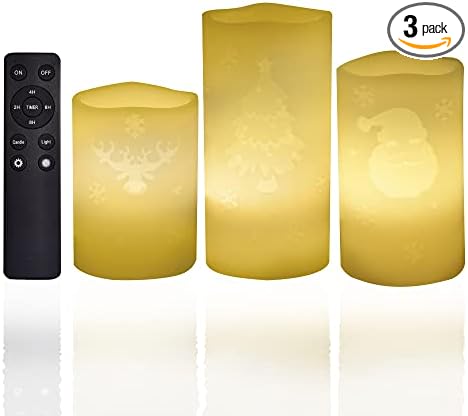 CANDLE CHOICE Christmas Flameless Candles with Remote Timer Real Wax Flickering Battery Operated LED Pillars with Depressed Engraved Reindeer Santa Claus Xmas Tree Patterns for Party Decorations 3 PCS