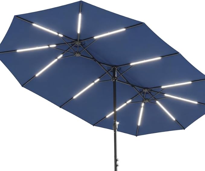 15FT Patio Umbrella with Solar Light Bar, Large Double-Sided Outdoor Table Umbrella with Base, Crank, Steel Ribs and Pole for Patio, Beach Sun Umbrellas for Backyard, Poolside, Navy Blue