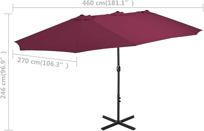 Large Outdoor Patio Umbrella 181.1"x106.3" Bordeaux Red Aluminum Pole with Crank Mechanism, UV Protective Sun Shade for Garden Pool Beach Backyard