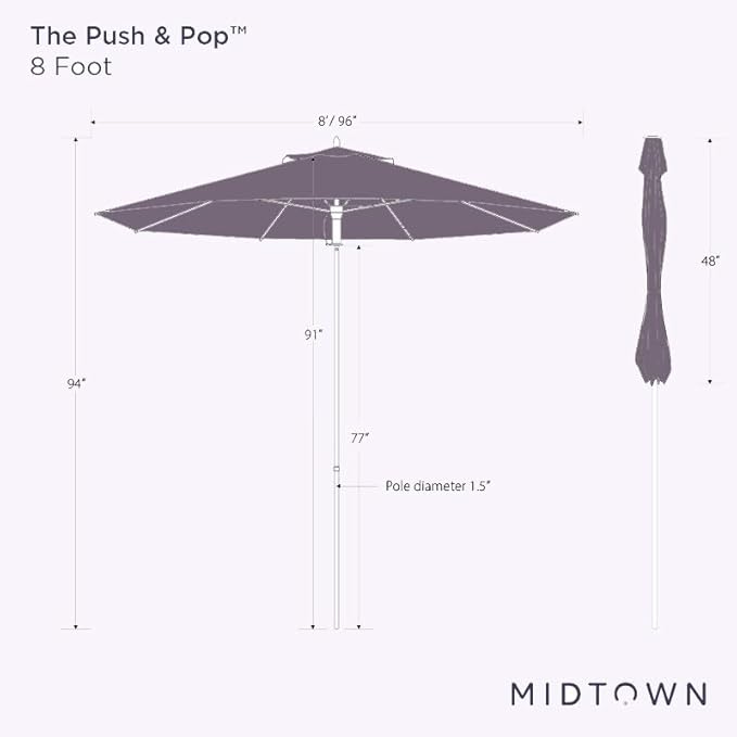Midtown Umbrellas Push & Pop 8 Ft Patio Umbrellas with Push & Pop Mechanism, Fiberglass Ribs & Sunbrella Fabric – Outdoor Umbrella for Deck, Pool, Cafés and Hotels – Canvas Glacier Canopy, Black Pole