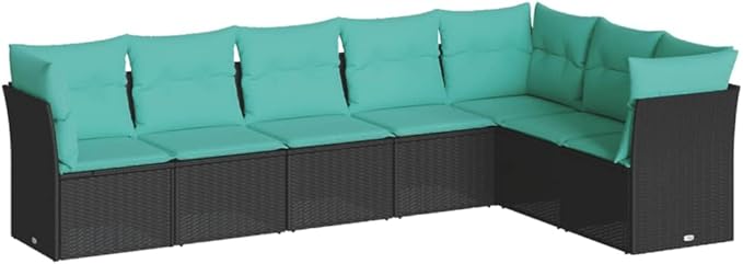 7 Piece Patio Sofa Set with Cushions, Outdoor Dining Sets Patio Conversation Set Garden Lounge Set Front Porch Furniture for Garden Negotiation Area Piazza Exhibition Black Poly Rattan