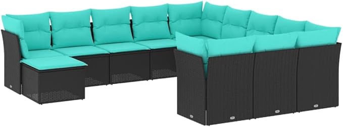 12 Piece Patio Sofa Set with Cushions, Garden Lounge Set Porch Furniture Set Sectional Sofa Patio Conversation Set for Poolside Garden Piazza Exhibition Black Poly Rattan