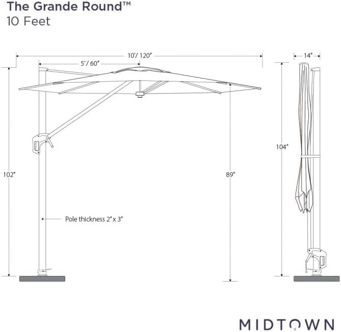 Midtown Umbrellas 10 Ft Outdoor Cantilever Patio Umbrella w/Sunbrella Cast Shale Fabric - 360° Rotate Offset Patio Umbrella, Deck Patio Umbrella, Backyard Umbrella & Garden Umbrella - Black Frame