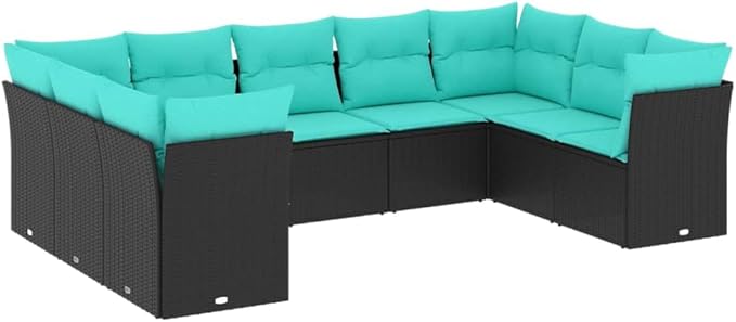 9 Piece Patio Sofa Set with Cushions, Outdoor Dining Sets Front Porch Furniture Porch Furniture Set Patio Conversation Set for Exhibition Piazza Poolside Garden Black Poly Rattan