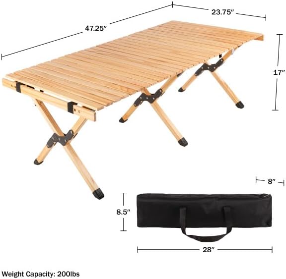 Foldable Camping Table - 4ft Roll-Up Portable Picnic Table with Carry Bag - Indoor/Outdoor Low Height Travel, Party, or Beach Table by Wakeman Outdoors (Natural Wood)