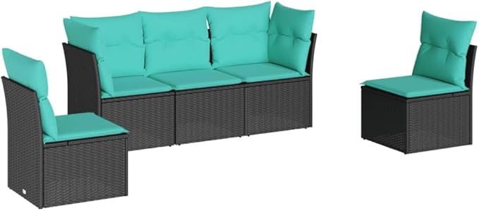 5 Piece Patio Sofa Set with Cushions, Patio Conversation Set Garden Lounge Set Porch Furniture Set Outdoor Sofa Sets for Exhibition Poolside Piazza Negotiation Area Black Poly Rattan