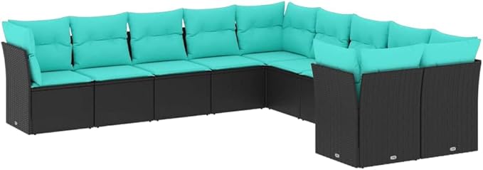 10 Piece Patio Sofa Set with Cushions, Patio Conversation Set Front Porch Furniture Porch Furniture Set Sectional Sofa for Exhibition Poolside Negotiation Area Piazza Black Poly Rattan