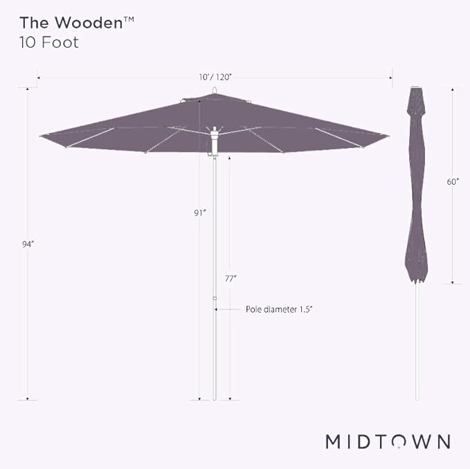 Midtown Umbrellas The Wooden 10 Feet Patio Umbrella With Sunbrella Black Acrylic Fabric - Aluminum Frame Market Umbrella For Backyard, Deck, Garden, Pool - Wooden Pole