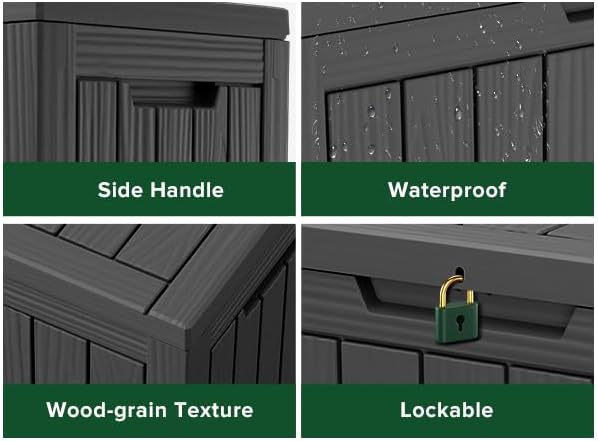 Resin Deck Box, Lockable Patio Outdoor Storage Box for Furniture, Garden Tools and Tools Storage, Waterproof Outside Storage Boxes (Black, 45 Gallon)