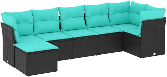 7 Piece Patio Sofa Set with Cushions, Sectional Sofa Front Porch Furniture Porch Furniture Set Patio Conversation Set for Poolside Exhibition Piazza Garden Black Poly Rattan