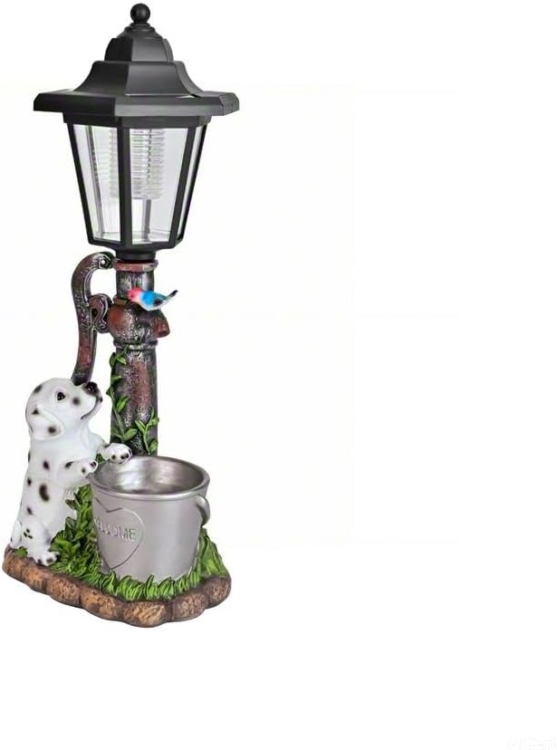 Solar Dalmatian Dog Garden Statue with Light-13 inches - Outdoor Waterproof decor with automatic lighting,perfect for Lawn,Patio, Yard-with Bucket & Bird Figurine for Dog Lovers, Mom, Grandma