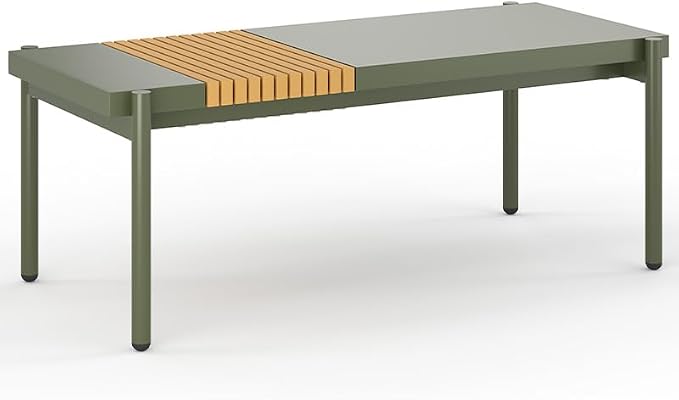 Sundale Outdoor Modern Metal Outdoor Coffee Table with Slatted Wood-Look Tabletop Design, Weather-Resistant Patio Side Table for Garden, Balcony, Poolside(Green)