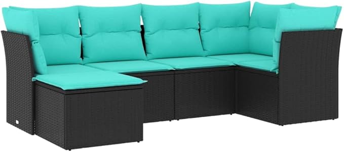 6 Piece Patio Sofa Set with Cushions, Garden Lounge Set Patio Conversation Set Porch Furniture Set Front Porch Furniture for Exhibition Poolside Negotiation Area Garden Black Poly Rattan