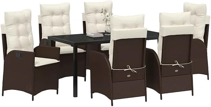 Afuera Living 7 Piece Poly Rattan Garden Dining Set, Black Finish, Cushioned Seats, Glass Tabletop, UV-Resistant Woven Texture, Steel Frame, Ergonomic Design, Ideal for Patio, Porch, Backyard Dining