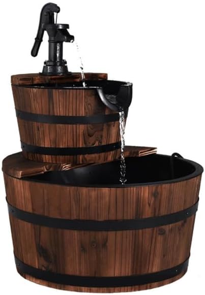 2-Tier Rustic Barrel Water Fountain, Solid Fir Wood Outdoor Fountain with Hand Pump for Patio, Garden, Backyard, Lawn Decoration
