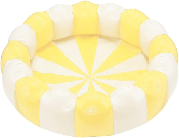 Petites Pommes Striped Inflatable Pool for Toddlers & Kids - Handprinted Classic Foldable Baby Pool - Durable, BPA-Free PVC Kiddie Pools with Repair Patch & Storage Bag, Light Yellow, 37 x 9 Inch