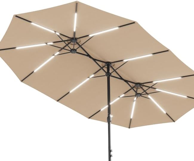 15FT Patio Umbrella with Solar Light Bar, Large Double-Sided Outdoor Table Umbrella with Base, Crank, Steel Ribs and Pole for Patio, Beach Sun Umbrellas for Backyard, Poolside, Beige