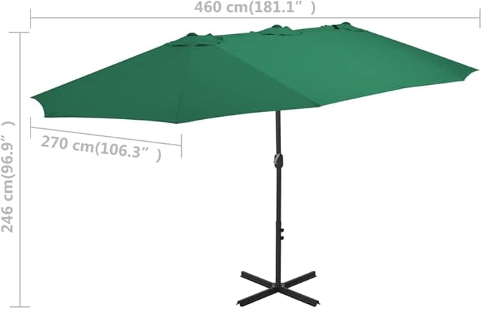 Large Outdoor Patio Umbrella 181.1x106.3 Inch Green Sun Shade with Aluminum Pole UV Protective Fabric Crank Mechanism for Garden Pool Beach Backyard