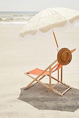 Business & Pleasure Co. Holiday Umbrella - Boho Beach Umbrella with White Fringe, UPF 50+, 1" Tilting Wood Pole, 5’ x 6.5’, Eyelet