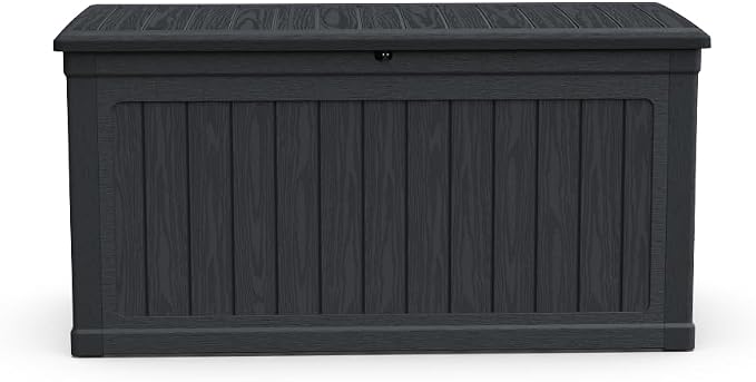 Large Outdoor Storage Deck Box for Patio Furniture, Cushions, Garden Tools and Sports Equipment, Weather-Resistant Resin with Locking Lid (Black + Plastic)