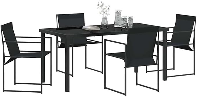Afuera Living 5 Piece Patio Dining Set, Powder-Coated Steel Frame, Black Finish, UV-Resistant Textilene Seats, Rectangular Table, Modern Minimalist Garden Furniture for Outdoor Terrace or Backyard
