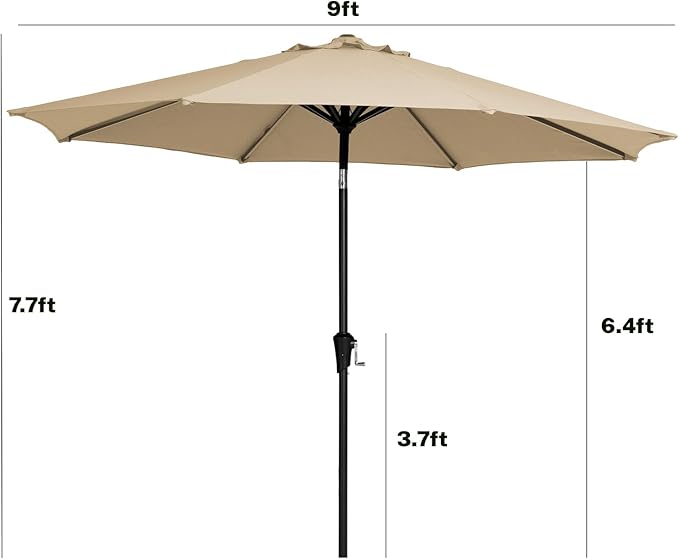 MEWAY 9ft Patio Umbrella Outdoor Table Umbrellas with Push Button Tilt and Crank, Market Umbrella 8 Sturdy Ribs for Deck, Garden, Pool and Backyard, Tan