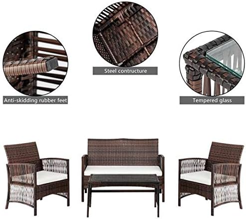 HopeHope 4pcs Patio Conversation Set Guest Chair Outdoor Garden Lawn Pool Rattan Sofa Wicker Furniture Set Coffee Table Bistro Sets Tempered Glass Table