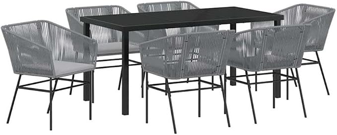 Afuera Living 7-Piece Powder-Coated Steel Patio Dining Set, Gray Finish, Includes Cushions, Rectangular Table with Tempered Glass Top, Modern Outdoor Furniture for Garden, Balcony, or Terrace Dining
