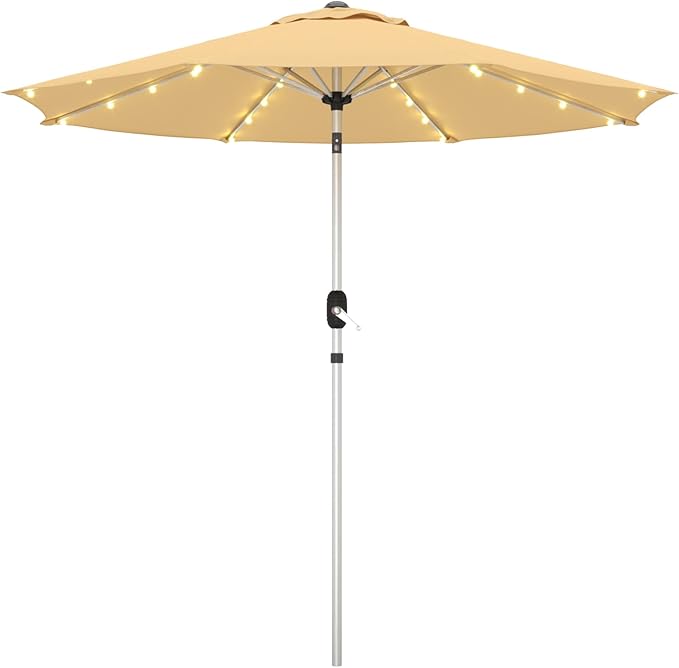 9FT Aluminum Patio Umbrella with 40-LED Solar Lighted, Fade-Resistant Outdoor Market Table Umbrella with Push Button Tilt Function, 8 Sturdy All-Aluminum Ribs for Gardens, Decks, Backyards & Pools