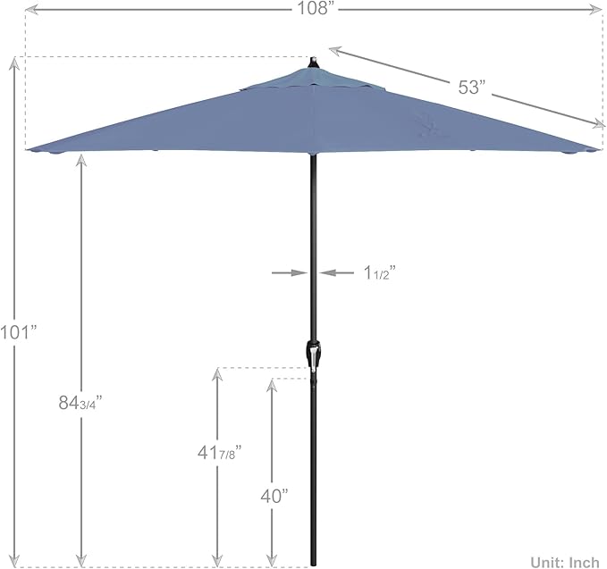 California Umbrella 12-Year Protection 9' Rd Aluminum Patio Umbrella, Crank Lift, Auto Tilt, Black Finish, Sunbrella Air Blue
