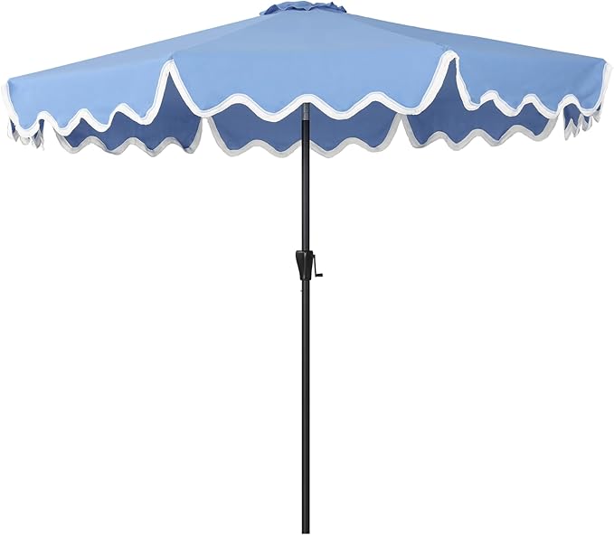 Tempera 9FT Scalloped Tassel Patio Umbrella, Outdoor Market Umbrellas with 8 Sturdy Ribs with Crank & Pust Button Tilt,Fade Resistant Canopy
