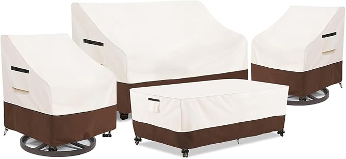 Patio Furniture Covers Set,4-Piece 600D Heavy Duty Waterproof Outdoor Furniture Cover for Patio Swivel Rocker Chairs,Loveseat and Coffee Table,Beige & Brown