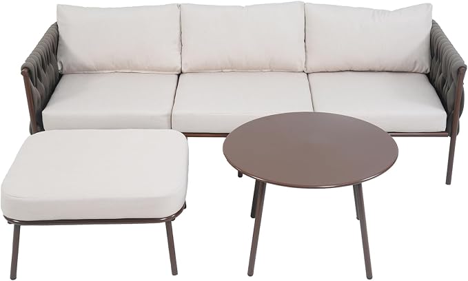 3 Piece Patio Furniture Set, Woven Rope Outdoor Sectional Sofa with Ottoman & Round Table, Deep Seating Patio Conversation Sets with Oversized 3-Seater Couch & Beige Washable Cushions