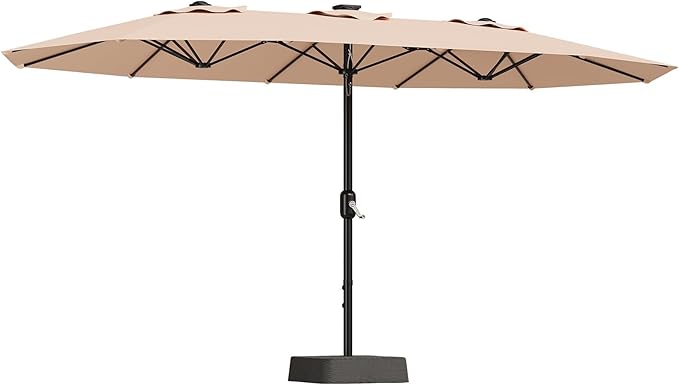 15FT Extra Large Double-Sided Patio Umbrella with Solar LED Lights – Heavy-Duty Rectangular Outdoor Market Umbrella, Fade-Resistant UV Canopy, Included Base for Backyard, Pool, Deck, Garden – Beige/Mist Blue