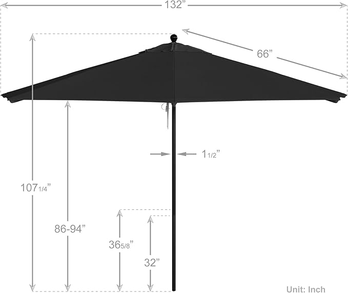 California Umbrella 11Ft Commercial Grade Market Umbrella, Pulley Lift, Aluminum/Fiberglass, 2mm pole wall, Black Frame, Solution Dyed Black Fabric