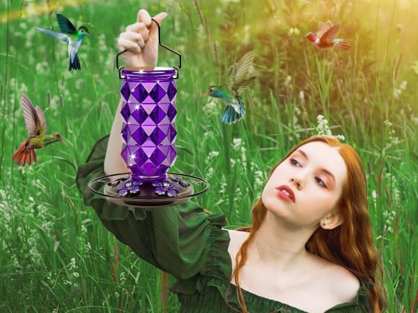 Glass Hummingbird Feeders for Outdoors, 25 Ounces Wild Bird Nectar Feeder with Perch & 5 Flower Feeding Ports Leak Proof Hanging for Garden Backyard Decor, Gifts for Women Mom, Purple