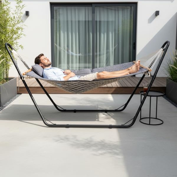 Hammock with Stand, Quilted Pad & Pillow, 76.8 x 55.1in Bed (Grey) | Anti-Rust Iron Frame, Adjustable Steel Chains