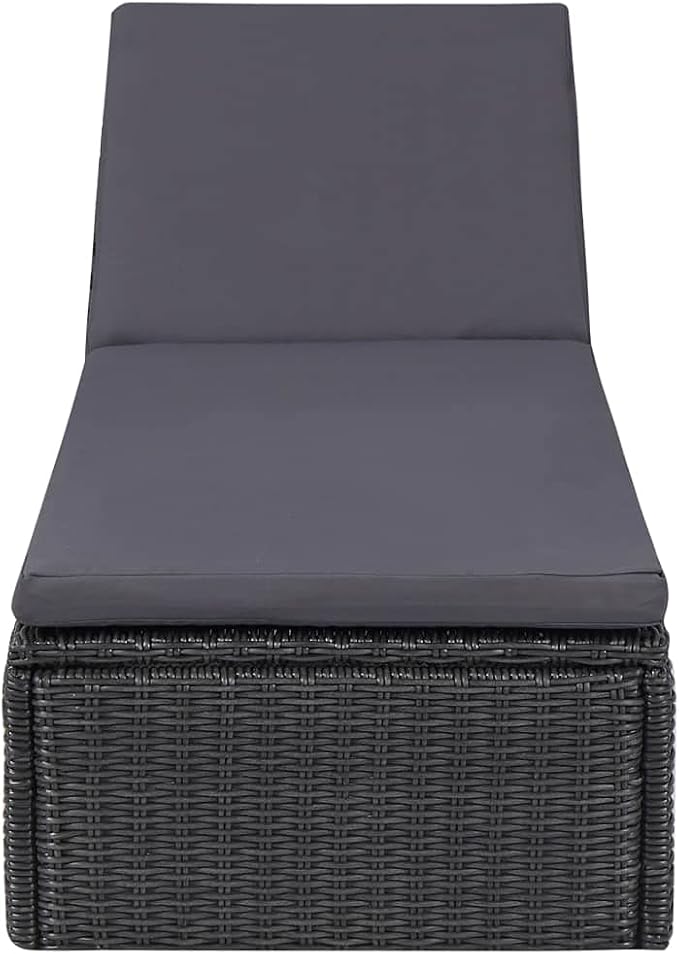 9pc Patio Dining Set Black/Dark Grey 78.7 Acacia Top PE Rattan Chairs 2 Sun Loungers Powder-Coated Steel Seats 8