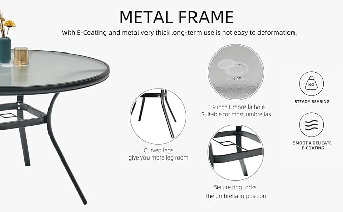 5 Piece Outdoor Patio 40" Round Glass Table and Grey Stackable Chairs Set | 4 Piece Stackable Chairs Textilene Seat and Back, Table and Chair with Metal Frame, Round Glass Table Top, 1.7" Umbrella Hole