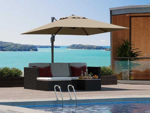 GarveeLife Large Cantilever Patio Umbrella, 10 ft X 10 ft Heavy Duty Aluminum Cantilever Offset Outdoor Umbrella with 360-Degree Rotation for Backyard, Deck, Pool, Tan