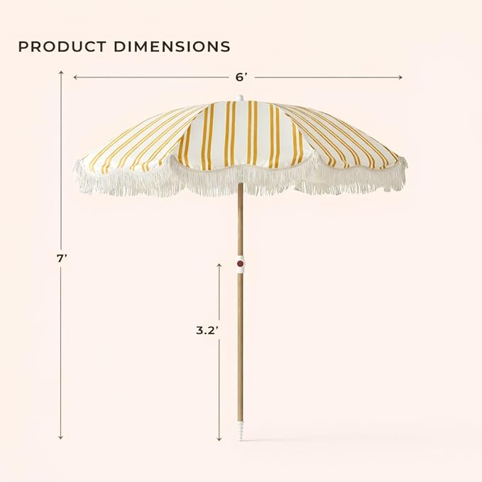 6FT Stripe Fringe Beach Umbrella for Sand with Sand Anchor, UPF 50+ Sun Shade with Tassels, Adjustable Tilt Pole, Portable Coastal Umbrella for Beach & Pool, Heritage Mimosa Stripe