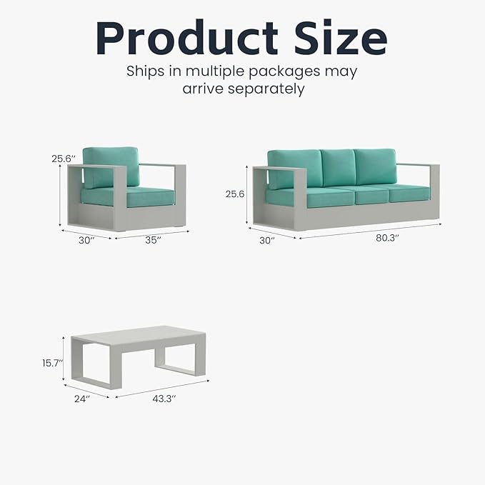 3 Pieces Patio Furniture Set with Coffee Table, Metal Modern Conversation Set with Deep Seating and Widened Aluminum Frame for Deck, Porch, Garden