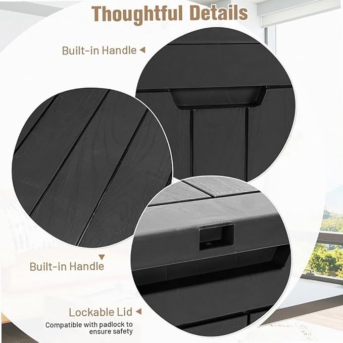 Black 30-Gallon PP Woodgrain Deck Box Outdoor Storage Seat with Waterproof Lid, 22x17x21in for Patio