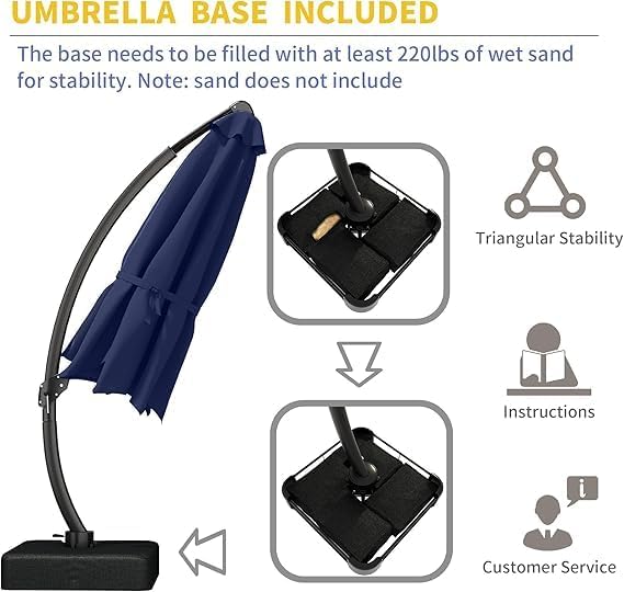 11FT Cantilever Patio Umbrella with Solar LED Lights and Base, 360 Rotating Offset Umbrella with Infinite Tilt, Heavy Duty Aluminum Frame, Outdoor Canopy for Patio, Pool, Backyard, Navy