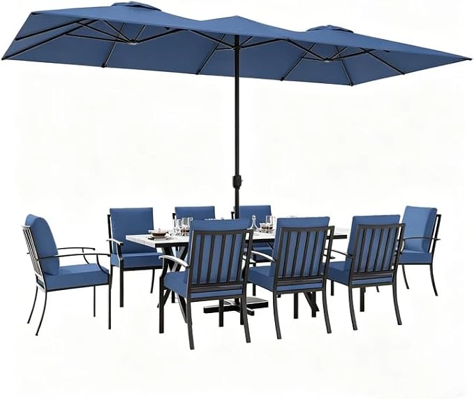 ALAULM 9-Piece Patio Dining Set with 14FT Patio Umbrella,Outdoor Dining Set with 8 Metal Chairs & Rectangle Table with1.5 Umbrella Hole, Patio Dining Table and Chairs for Backyard,Poolsid-DarkBlue