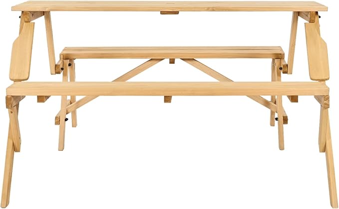 VEVOR 2-in-1 Transforming Interchangeable Picnic Table, Outdoor Wooden Table and Bench Set, Portable Foldable Bench with Umbrella Hole, Patio Dining Furniture for Garden, Backyard, Porch (Brown)