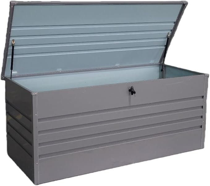 GOWE 260 Gallon Metal Outdoor Deck Box Waterproof, Extra Large Patio Storage Box with Lockable Storage Containers for Patio Furniture Cushions, Pool Accessories, Garden Tools Light Gray