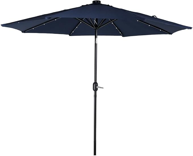 Sunnydaze 9 ft Outdoor Patio Umbrella with Solar Lights - Polyester LED Table Market Umbrella with Push-Button Tilt and Crank - Navy Blue