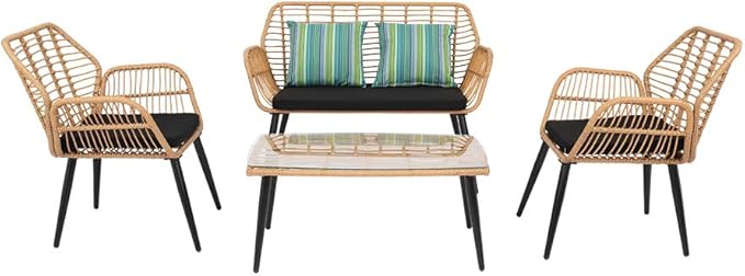 4 Pieces Patio Seating Patio Bistro Sets Outdoor Patio Conversation Furniture Set - Rattan Loveseat, Chairs & Coffee Table - Backyard Seating Outside Wicker Seating,Wicker Patio Conversation Set