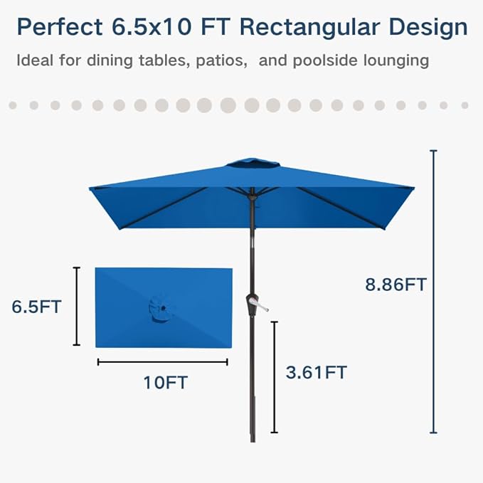 6.5' x 10' Rectangular Patio Umbrella Large Outdoor Market Umbrella w/UV Protection, Push Button Tilt and Crank Lift, Rectangle Table Umbrella for Garden, Deck, Pool, Patio, Royal Blue
